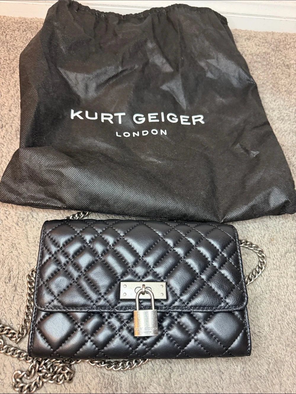Kurt Geiger Black Quilted Crossbody with Silver Padlock